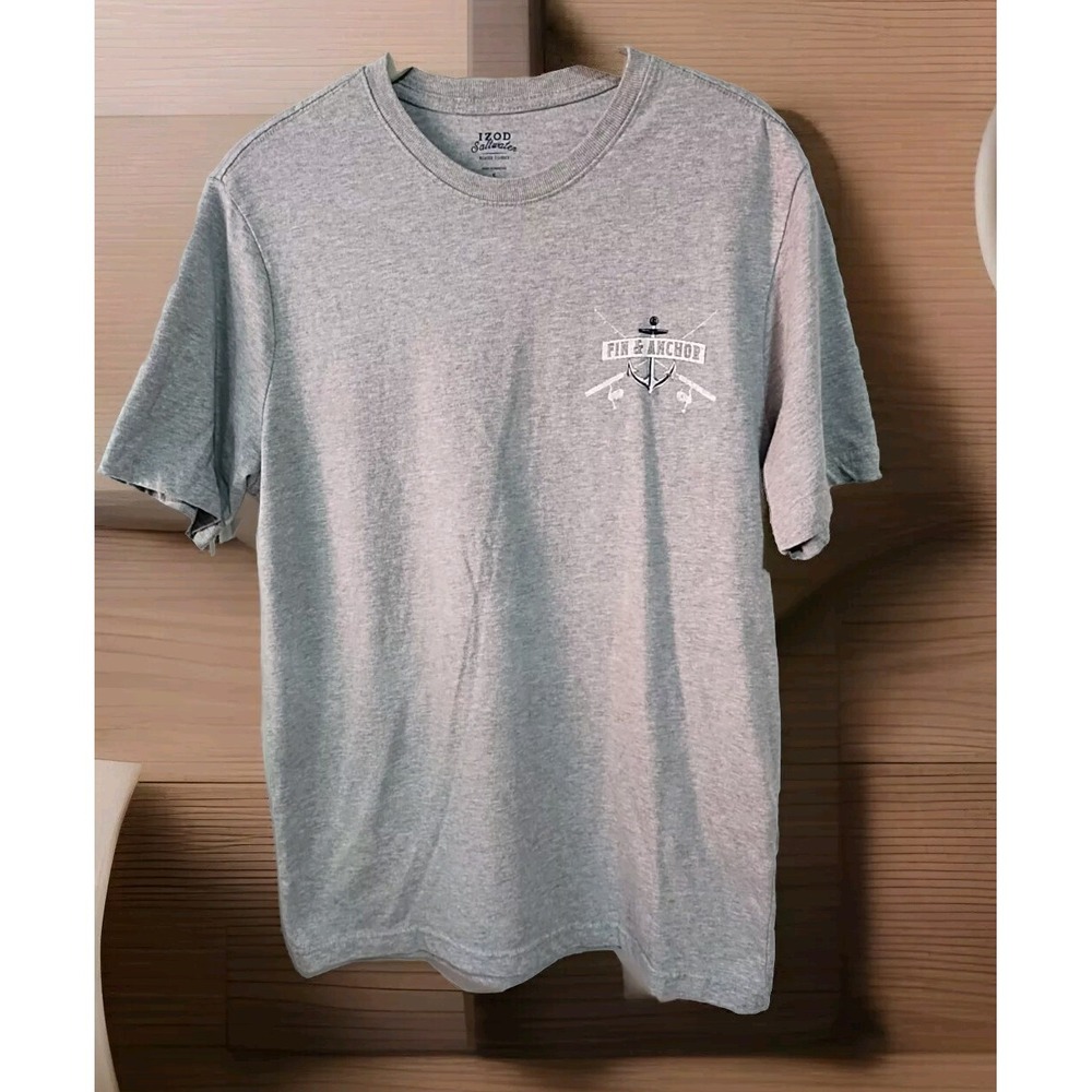 Izod Saltwater Fin & Anchor T-shirt Men's SM Gray Crew Neck Graphic Streetwear